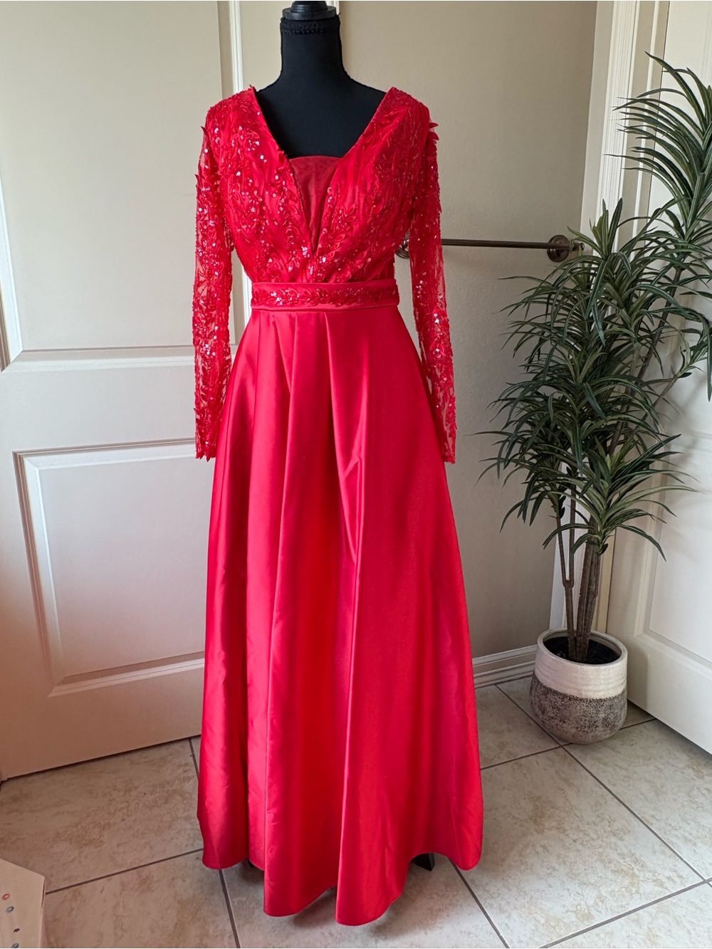 Red Long-Sleeve Sequin Bodice Evening Gown